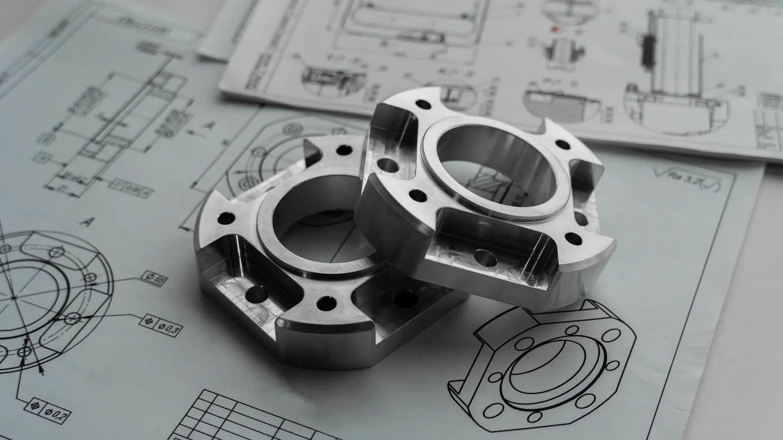 Two machined metal parts resting on printed engineering drawings.
