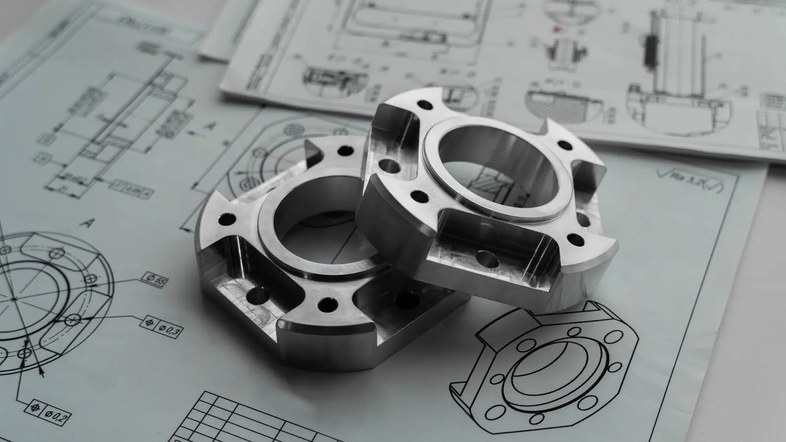 Two machined metal parts resting on printed engineering drawings.
