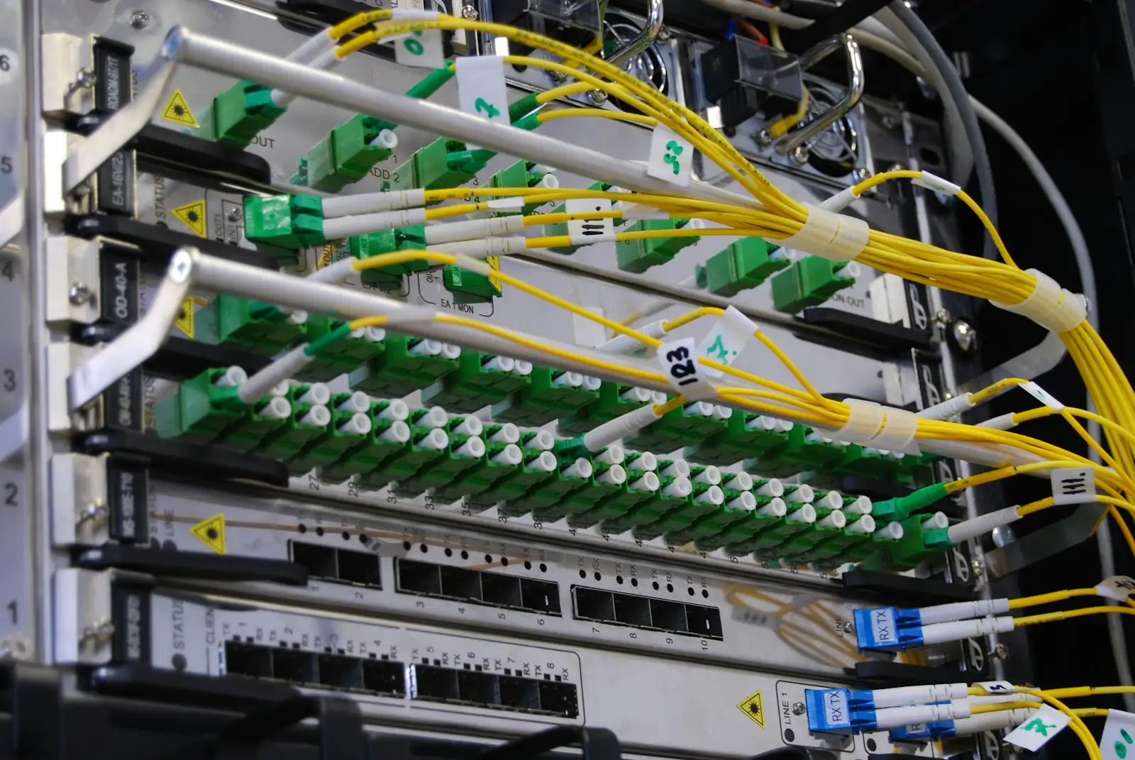 Fibre-optic patch cables plugged into a network switch in a rack.