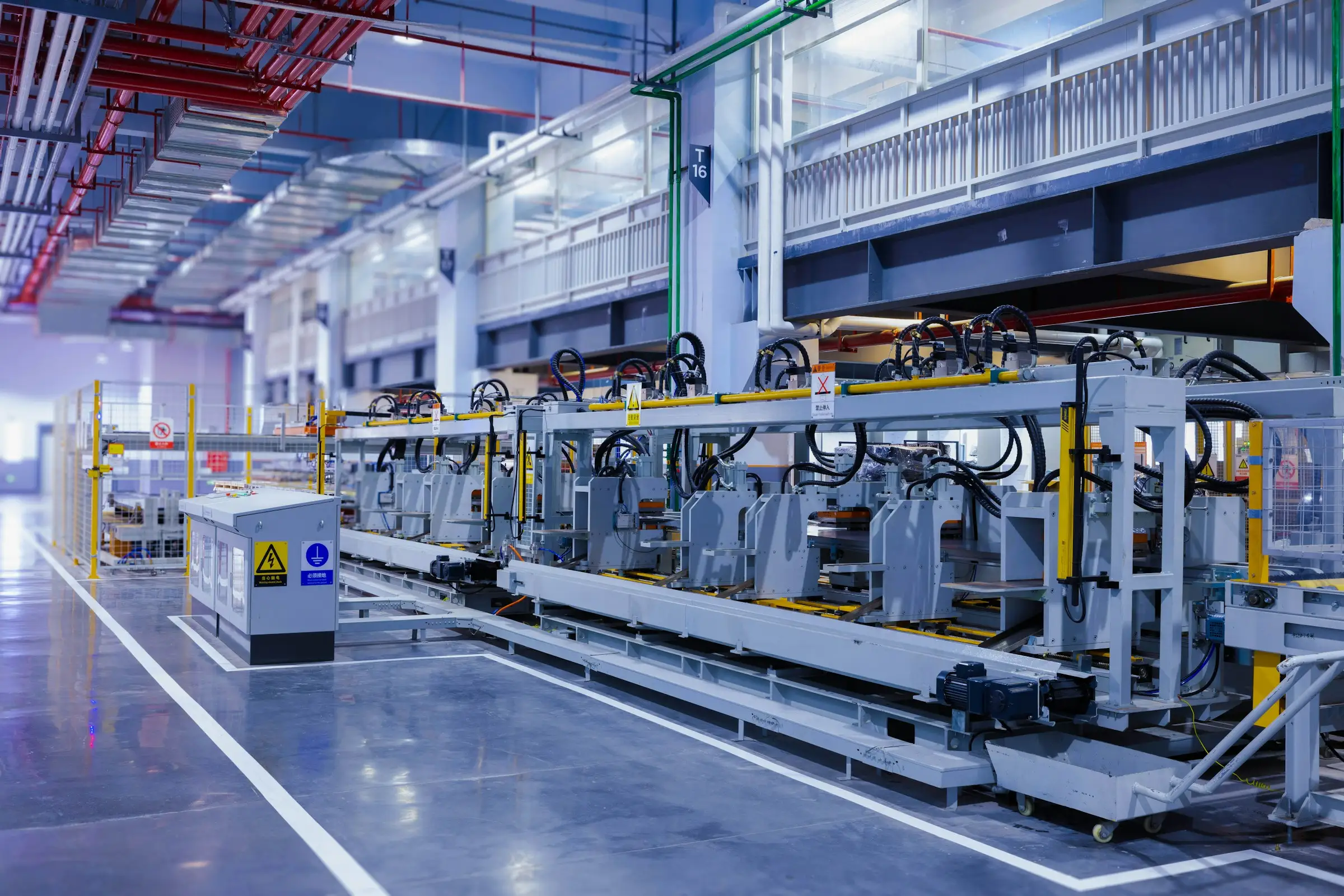 A production line in a large factory hall